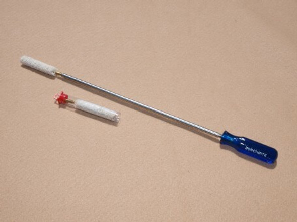 Image showing a Benchrite Chamber Swab Rod and Handle against a beige background. This cleaning tool features a long, silver metal rod with a blue handle and white swab ends, designed for thorough cleaning and maintenance of firearm chambers.