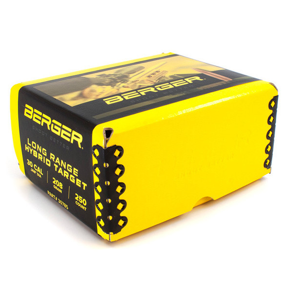 Striking yellow and black box of Berger Long Range Hybrid Target bullets, .30 caliber, 208gr, product number 30785, containing 250 bullets. The packaging features tactical bullet graphics and precision markings on the side, highlighting its high volume capacity and the bullets' design for enhanced accuracy in long-range shooting competitions.
