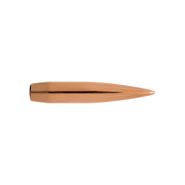 Close-up view of a Berger Long Range Hybrid Target bullet, 7mm, 190gr, from the series 28785 intended for 500 bullets. The image showcases the bullet's sleek, copper-colored body and precisely engineered tip against a black background, emphasizing its aerodynamic design for enhanced accuracy and performance in long-range target shooting competitions.