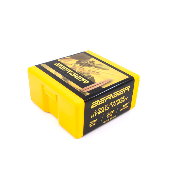 Vibrant yellow box of Berger Long Range Hybrid Target bullets, 7mm, 190gr, product number 28785, containing 500 bullets. The box features black text and tactical bullet graphics on the side, emphasizing its high capacity and suitability for competitive target shooting, enhancing its appeal for precision shooters.