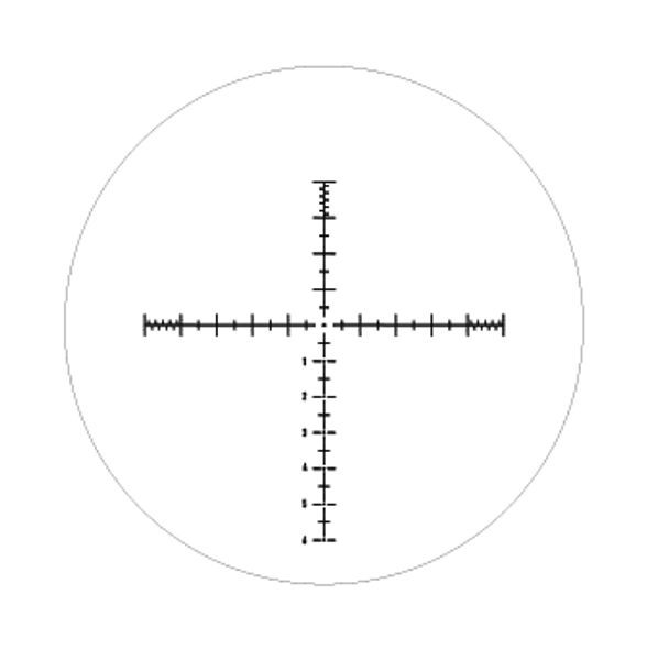 APR-1C MRAD reticle as featured in the Element Optics Helix 6-24x50 SFP rifle scope. The reticle is designed with clear hash marks along the vertical and horizontal axes that provide precise MRAD measurements for bullet drop and windage adjustments. It's depicted within a circular frame, simulating the actual field of view when looking through the scope. This minimalistic and practical design is preferred by precision shooters and tactical marksmen for its accuracy and ease of use. The black reticle on a white background offers a stark contrast that highlights the simplicity and functionality of the reticle's layout, making it suitable for educational content, product descriptions, and detailed reviews.