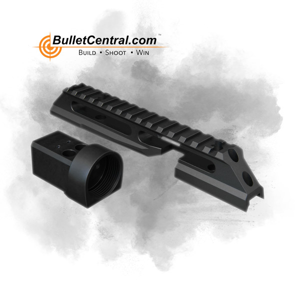 FX Airguns Dreamline Light to Dreamline Tactical Conversion Kit. This kit includes a tactical rail and a barrel adapter, both finished in matte black, designed to transform the Dreamline Light airgun into a more tactical configuration. The rail is equipped with multiple slots for attaching accessories, while the adapter facilitates secure barrel mounting, enhancing the rifle's versatility and functionality for tactical shooting scenarios.