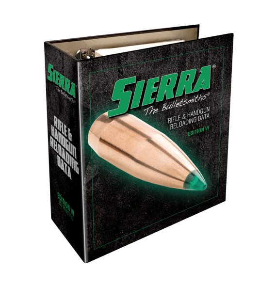 Sierra 6th Edition Rifle and Handgun Reloading Manual, featuring a dark green cover with an image of a copper bullet and the Sierra logo. The manual provides detailed instructions and data for reloading various Sierra bullets, essential for shooters and hunters looking to customize their ammunition.