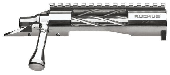 Detailed view of the Defiance Ruckus Tactical rifle action, showcasing polished stainless steel construction. This model features a long barrel with spiral standard fluting, a magnum caliber bolt, and a modified handle with a tactical knob. Additionally, it includes an integral 20 MOA Picatinny rail, a faceted shroud, M16 extractor, and left-side eject functionality, ideal for precision tactical shooting.
