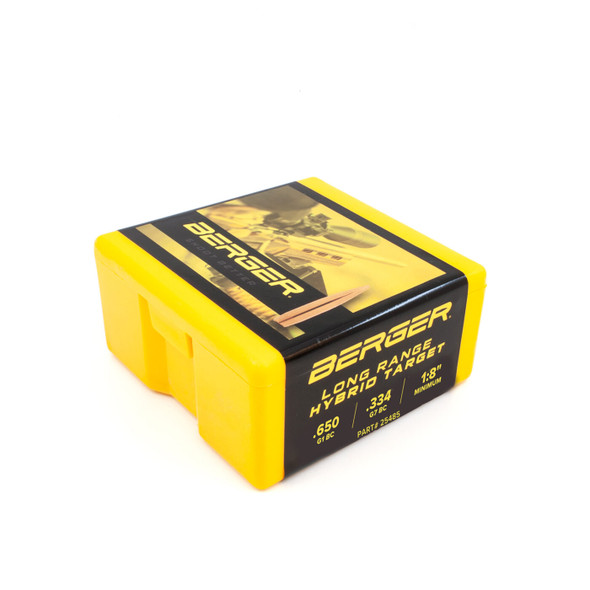 Vivid yellow box of Berger Long Range Hybrid Target bullets, .25 caliber, 135gr, product number 25485, containing 100 bullets. The box is clearly marked with product details and features a graphic of a target shooting scene, emphasizing the bullet's precision engineering for long-range accuracy and competitive shooting.
