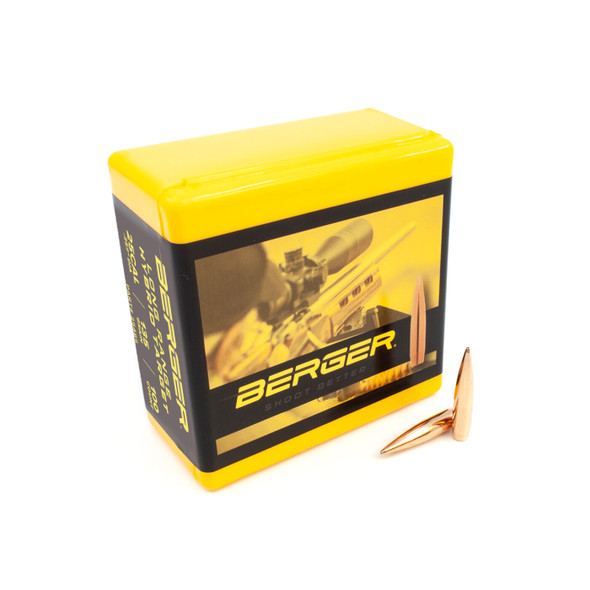 Yellow and black box of Berger Long Range Hybrid Target bullets, .25 caliber, 135gr, product number 25485, containing 100 bullets. The box displays a detailed image of a target shooter on its side, enhancing the appeal for competitive shooters. Two copper-colored, precision-engineered bullets are also displayed in front of the box, emphasizing the product's design for long-range accuracy.