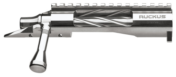 Side view of Defiance Ruckus Tactical rifle action, featuring a polished stainless steel finish with a long right eject barrel. This model is designed for .338 Lapua and includes spiral standard fluting, a modified handle with a tactical knob, and a DBM system. The action is equipped with an integral 20 MOA Picatinny rail, M16 extractor, faceted shroud, and an integral lug for superior performance in tactical shooting scenarios.