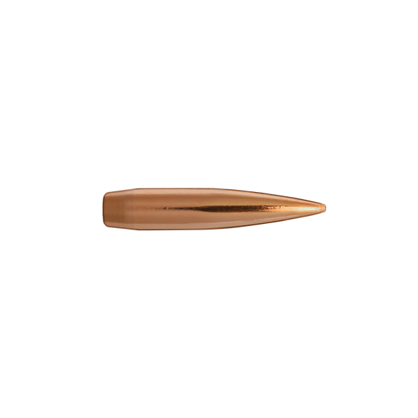 Detailed image of a Berger Long Range Hybrid Target bullet, .25 caliber, 135gr, from the bulk pack with product number 25785, designed for 500 bullets. Displayed against a transparent background, the bullet features a sleek, copper-colored design and a finely pointed tip, optimized for high precision and consistent performance in competitive target shooting.