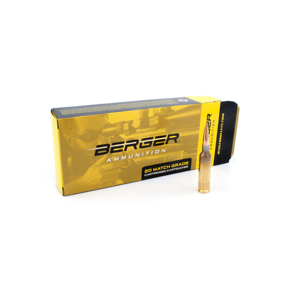 Sleek gold and black box of Berger Long Range Hybrid Target ammunition in 6mm Creedmoor, 109gr, product number 20030, containing 20 rounds. The package is presented with a single bullet beside it, emphasizing the ammunition's copper-colored, aerodynamic design and precision-engineered tip, ideal for long-range shooting accuracy.