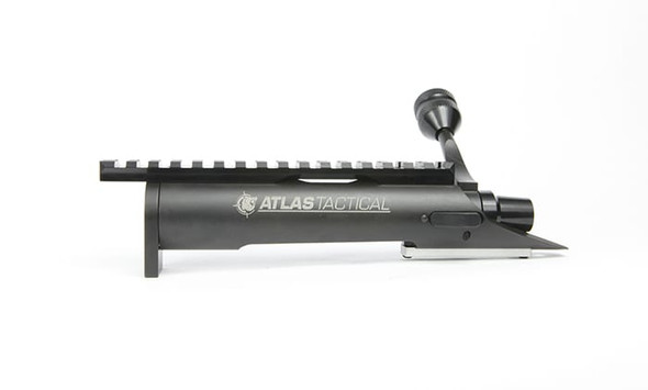 Kelbly Atlas Tactical long action bolt assembly in a sleek black nitride finish, displayed against a neutral background. Designed for .308 caliber, it features a 1.35-inch round right-hand bolt with spiral fluting and a tactical knurled knob for enhanced usability. The assembly supports magazine loading and standard right-side ejection. It is also equipped with a Picatinny rail providing a 20 MOA elevation and a securely pinned lug, ideal for precision shooting applications.