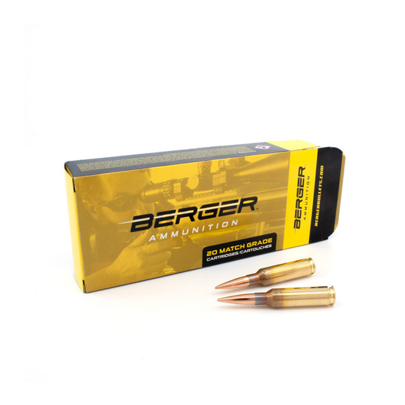 Premium gold and black box of Berger Long Range Hybrid Target ammunition, designed for 6.5mm Creedmoor, 144gr, with product number 31081, containing 20 rounds. Displayed are three bullets in front of the box, showcasing their detailed copper-color and streamlined design, emphasizing their suitability for precision and stability in long-range target shooting.