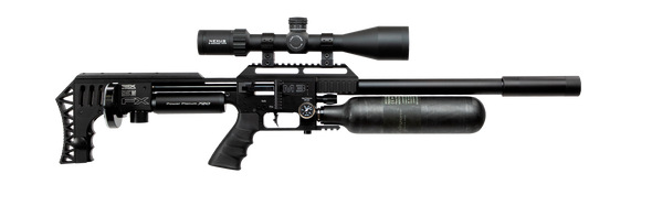 FX Airguns Impact M3 in black, featuring a 600mm barrel chambered in .30 caliber, model FXI353613. This high-performance air rifle is designed with a tactical telescopic sight, adjustable stock, and an extended air cylinder, ideal for both competitive shooting and hunting. The compact size enhances maneuverability while maintaining accuracy at long distances.