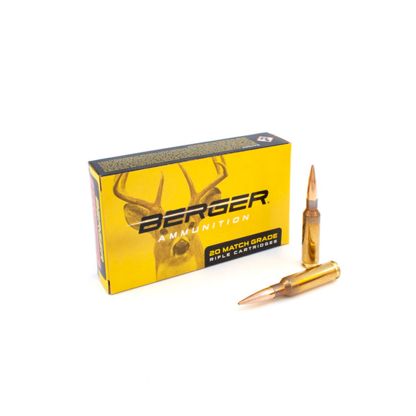 Eye-catching gold and black box of Berger EOL Elite Hunter ammunition in 6.5mm Creedmoor, 156gr, product number 31070, containing 20 rounds. The package, displayed alongside two of its precision-engineered bullets, highlights the ammunition's sleek, copper-colored design and tapered tip, optimized for extreme long-range hunting and target shooting.