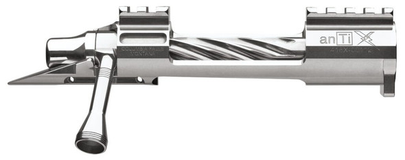 Profile view of Defiance anTi X rifle action, polished stainless steel, optimized for left-hand eject. This long action is tailored for .338 Lapua, featuring X-Deep anTi fluting, an anTi knob/handle, and a BDL system. Equipped with a 20 MOA integral Picatinny rail, integral lug, recessed bolt nose, M16 extractor, and an aluminum shroud, it is designed for high precision and durability in competitive shooting.