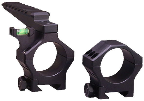 Hawkins Precision 35mm Heavy Tactical Scope Ring Set, model number 913-0002, with a height of 1.0 inch, accompanied by an integrated Picatinny rail. These matte black rings are engineered for maximum stability and precision in tactical environments, featuring robust construction with cutouts to reduce weight while maintaining strength. Each ring includes a built-in bubble level, illustrated here to showcase their effectiveness in maintaining accuracy and alignment for long-range shooting setups.