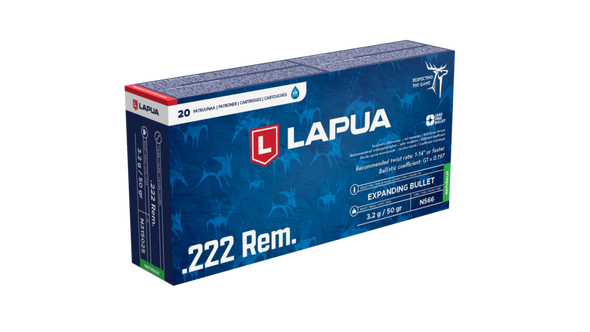 Box of 20 Lapua .222 Remington ammunition, product code N315025, featuring 50gr Naturalis Solid bullets. The packaging is a vibrant blue with red and white accents, displaying the Lapua logo and detailed graphics of stags in a forest setting. The box is labeled clearly with the ammunition type and weight for easy identification.