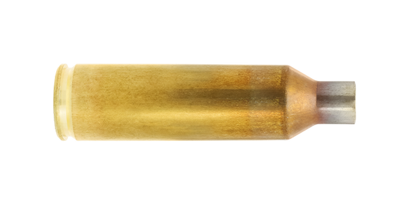 Close-up of a Lapua 6.5 PRC brass casing, model 4PH6023, part of a box of 100. The casing is presented horizontally, showcasing its elongated design and smooth, polished brass finish. Its tapered neck and precise dimensions make it ideal for high-performance and long-range shooting scenarios.