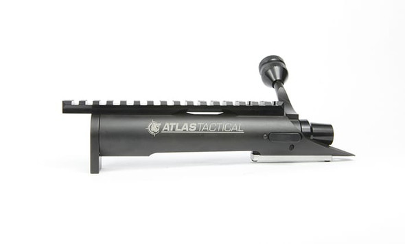 Kelbly Atlas Tactical short action bolt assembly in a sleek black nitride finish, displayed against a neutral background. Designed for .223 caliber, it features a 1.35-inch round right-hand bolt with spiral fluting and a tactical knurled knob for enhanced usability. The assembly supports magazine loading and standard right-side ejection. It is also equipped with a Picatinny rail providing a 20 MOA elevation and a securely pinned lug, ideal for precision shooting applications.