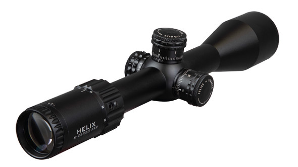 image depicts the Element Optics Helix 6-24x50 FFP rifle scope with an APR-2D MRAD reticle. The optic features a black matte finish and is angled to showcase its prominent elevation and windage turrets, marked with precise MRAD increments for accurate adjustments. The Helix model name is visible along the scope's side, ensuring brand recognition. The 50mm objective lens promises superior light gathering capabilities for a clear field of view, essential in varying light conditions. This scope is designed for long-range precision shooting, as indicated by the 6-24x magnification range. The background is muted to draw attention to the scope's details, making the image suitable for online retail listings, product catalogs, and reviews for shooting enthusiasts.