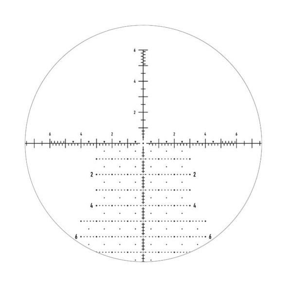 APR-2D MRAD reticle from Element Optics, specifically designed for the Helix 6-24x50 FFP rifle scope. The reticle is composed of finely calibrated MRAD hash marks along both the horizontal and vertical axes for precise ranging, holdover, and windage adjustments. It’s shown within a circular boundary that simulates the actual view through the scope, intended for sharpshooting and tactical applications. This reticle layout is typically used by long-range shooters for its accuracy-enhancing characteristics. The simple white background ensures that the reticle design stands out, making it ideal for educational content, product pages, and shooting enthusiasts looking to understand the functionality of their scope's sighting system.