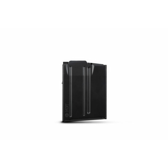 Compact black MDT metal magazine with a 12-round capacity, tailored for short action 6BR cartridges, model number 104174-BLK. This magazine is characterized by its streamlined design and precision-crafted round count windows, presented in a soft-focus background that accentuates the product's details and construction.