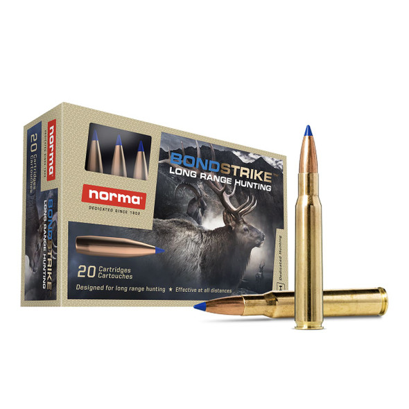 The uploaded image features a box of Norma Ammunition, specifically the .30-06 Springfield 180-grain Bondstrike. This type of ammunition is typically used for long-range hunting due to its high performance in terms of accuracy and energy transfer. The Bondstrike bullet is known for its deep penetration and controlled expansion, making it suitable for larger game. The packaging highlights these attributes, appealing to hunters seeking reliable ammo for challenging hunting scenarios. The box displays the product information clearly, emphasizing the bullet weight and its intended use for big game hunting.