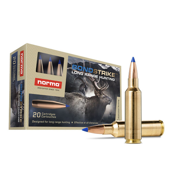 The uploaded image shows a box of Norma Ammunition specifically designed for the .300 Winchester Short Magnum (WSM) caliber. This particular box contains 20 cartridges, each loaded with a 180-grain Bondstrike bullet. This bullet type is known for its high performance in long-range hunting situations, providing deep penetration and controlled expansion, making it suitable for taking down big game effectively. The packaging highlights the use of this ammunition for hunting, emphasizing its precision and reliability. The design features a prominent display of the bullet itself, along with the Norma branding and some key ballistic information.