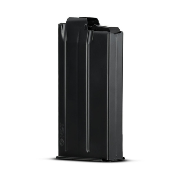 image presents a side view of an MDT metal magazine. It's an XM (extra magnum) size, suitable for magnum calibers, with a 10-round capacity. The labeling suggests it's compatible with large caliber rounds like 300 WSM and 6.5 PRC, which are commonly used in long-range precision shooting. The 'BLK' in the product code (104734-BLK) specifies the color black, which is a standard finish for tactical gear, helping to minimize visibility and prevent unwanted reflections. The design reflects a focus on functionality and durability, characteristics valued in the shooting sports and hunting communities for reliable firearm feeding.