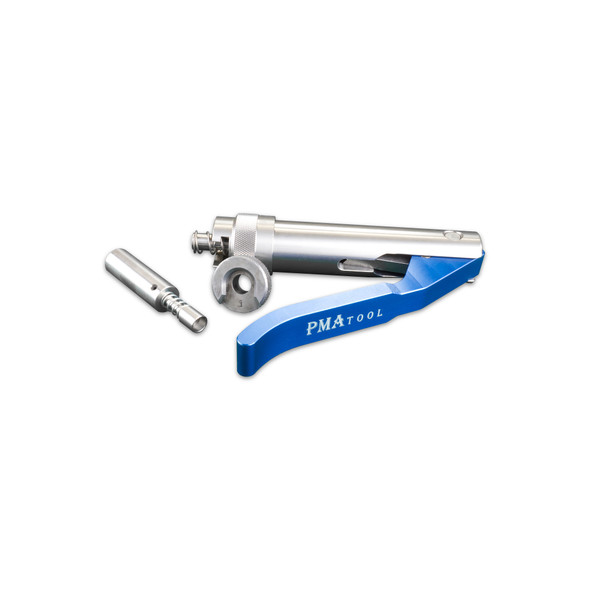 PMA Ball Bearing Drive Priming Tool, featuring a robust metallic construction with a blue handle and an additional metallic attachment, isolated on a white background.