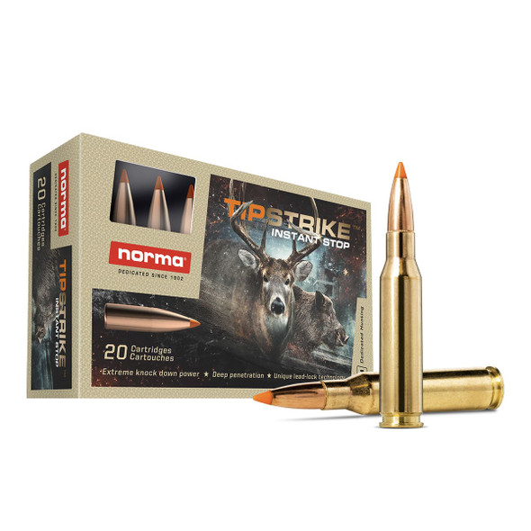 The image shows a box of Norma Ammunition, specifically designed for the 7mm-08 Remington cartridge with a 160-grain Tipstrike bullet. This ammunition is tailored for hunting, featuring a Tipstrike bullet that is engineered for rapid expansion and high stopping power, ideal for effectively taking down game. The design aims for a balance between accuracy and terminal performance, making it a popular choice among hunters seeking reliable and efficient ammunition for medium to large-sized game. The packaging highlights the ammunition's suitability for hunting with a depiction of a deer, emphasizing its target market and usage scenarios.