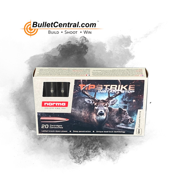 Box of Norma Tipstrike 7mm-08 Remington caliber ammunition with 160 grain bullets, designed for maximum impact and expansion. The packaging displays a dynamic image of a moose, emphasizing the hunting capabilities of the ammo, set against a dramatic dark background with hints of blue and red. The box contains 20 rounds and features the BulletCentral.com logo in a smoky gray overlay at the top.