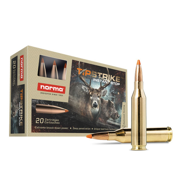 The image shows a box of Norma Ammunition for the .243 Winchester cartridge, each round featuring a 76-grain Tipstrike projectile. This type of ammunition is tailored for deer hunting, providing a balance of accuracy and terminal performance. The Tipstrike bullet design is known for its rapid expansion upon impact, maximizing energy transfer to the target and ensuring effective knockdown power. The packaging highlights its application with a visual of a deer, emphasizing its use in hunting scenarios. The .243 Winchester is a popular choice among hunters for its effectiveness on medium-sized game at varying ranges.