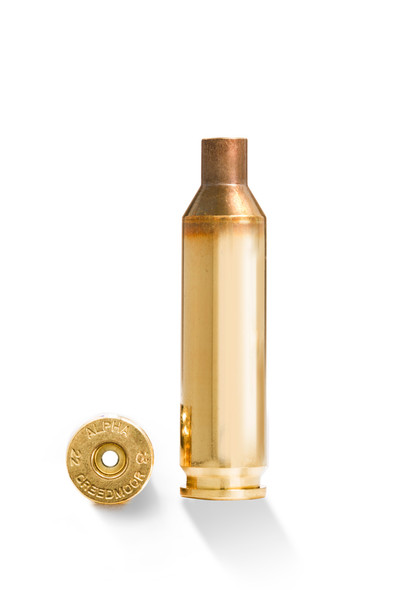 The image displays a brass cartridge case and a headstamp for the .22 Creedmoor caliber, specified for use with a Large Rifle Primer. It’s marked with the brand Alpha Munitions, indicating that they are the manufacturer. The .22 Creedmoor is a popular round among long-range shooters and varmint hunters for its high velocity and flat trajectory. The quantity "Qty 100" indicates that Alpha Munitions sells this brass in a standard bulk pack, which is common for reloading enthusiasts and competitive shooters who need a consistent supply of high-quality brass for precision shooting. Alpha Munitions is known for producing premium brass with tight tolerances, a key factor for those looking to achieve the best possible performance from their hand-loaded ammunition.