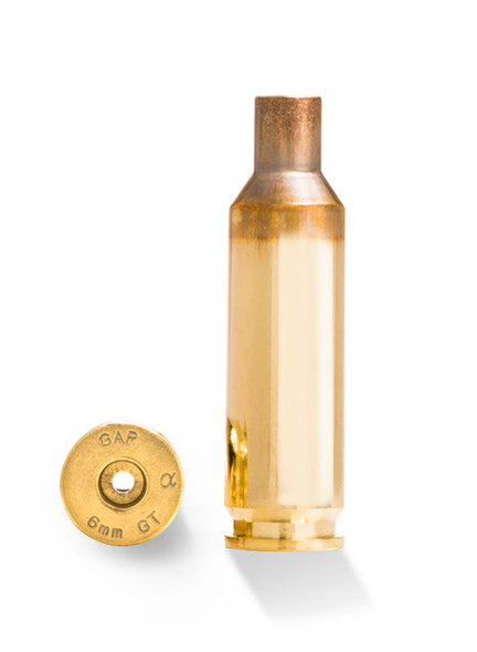 6mm GT (Gran Turismo or Game Tamer) cartridge, a relatively new and increasingly popular round in the precision shooting community. The 6mm GT was designed for high accuracy, low recoil, and good barrel life, making it an appealing choice for competitive shooters. The headstamp on the brass indicates that it is manufactured by Alpha Munitions, which is known for producing top-tier brass with excellent consistency and quality. The brass is indicated to come in a quantity of 100, which is standard for shooters who load their own rounds for consistent performance in competitions or for personal use.