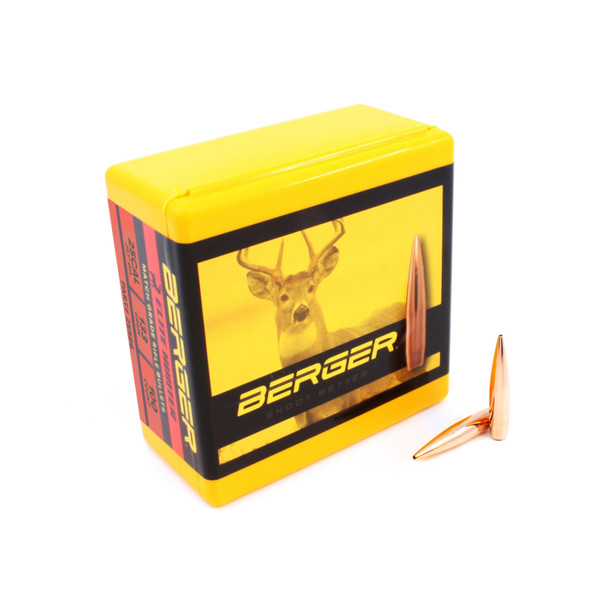 Yellow and red box of Berger Elite Hunter bullets, .25 caliber, 133gr, product number 25586, holding 100 bullets. The box features a vibrant image of a deer in a natural setting on its side, highlighting the bullet's effectiveness for hunting. Two precision-engineered, copper-colored bullets are also displayed in front of the box, showcasing their design for optimal hunting performance.