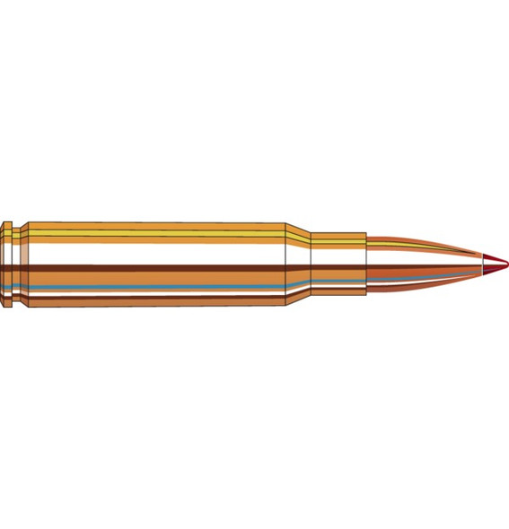 Hornady Ammunition 308 Winchester 168 Grain ELD Match, model number 80966, packaged in quantities of 20. This illustration depicts the detailed internal and external structure of the cartridge, showing the brass casing, internal propellant, and the red-tipped ELD (Extremely Low Drag) bullet designed for superior accuracy. The precision engineering of the bullet is highlighted in orange and yellow, emphasizing its streamlined design for enhanced ballistic performance.