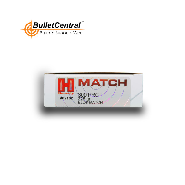 Box of Hornady Match Ammunition for 300 PRC 225 Grain ELD Match, model number 82162, containing 20 cartridges. The packaging is prominently displayed with a white background and features the Hornady logo and 'MATCH' designation, along with the specific caliber information. This professional-grade packaging design emphasizes the high-performance and precision-engineered characteristics of the ammunition, suitable for competitive shooting and precision long-range targeting.
