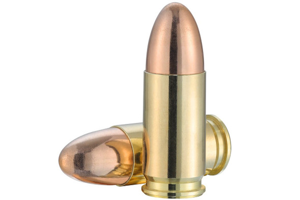 Two high-resolution 9mm Luger Full Metal Jacket bullets with 115 grain weight, showcased against a white background. These bullets feature shiny brass casings and smooth copper-colored tips, emphasizing their design for reliable feeding and consistent performance. Ideal for target shooting, the image highlights the bullets' precision manufacture.