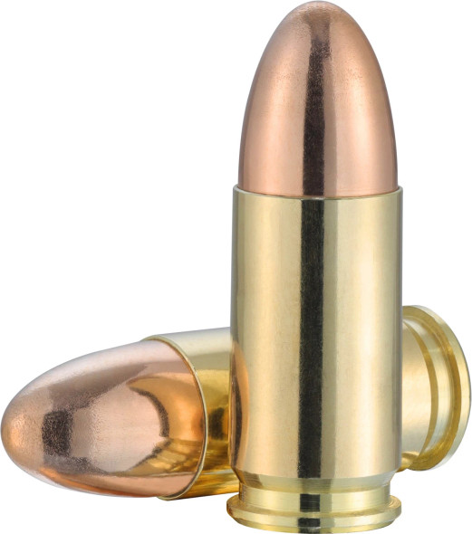 Two 9mm Luger Full Metal Jacket bullets with 124 grain weight, displayed prominently against a white background. These bullets feature polished brass casings and copper-colored tips, designed for consistent performance and reliability. The image highlights their precision craftsmanship, suitable for training and target shooting.
