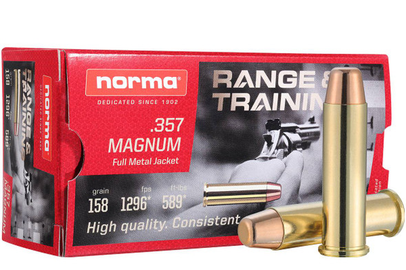 Box of Norma .357 Magnum FMJ (Full Metal Jacket) ammunition with 158 grain bullets, containing 50 rounds. The red and black packaging features a dynamic image of a shooter in action at a firing range, emphasizing the ammo's high quality and consistent performance. The bullets are displayed next to the box with polished brass casings and copper-colored tips, ideal for range training and reliability.