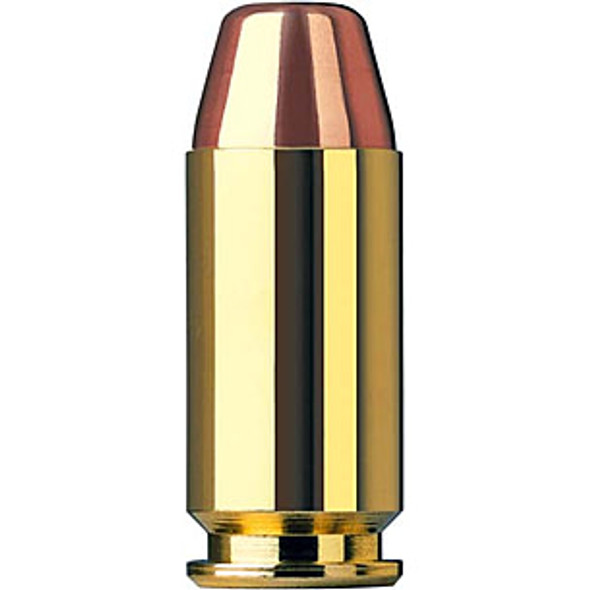 A close-up view of a .40 S&W Full Metal Jacket bullet with 180 grain weight, displayed against a neutral background. The bullet features a polished brass casing and a copper-colored tip, highlighting its precise design for consistent performance. This image captures the detailed construction and quality finish, ideal for range training and general shooting.