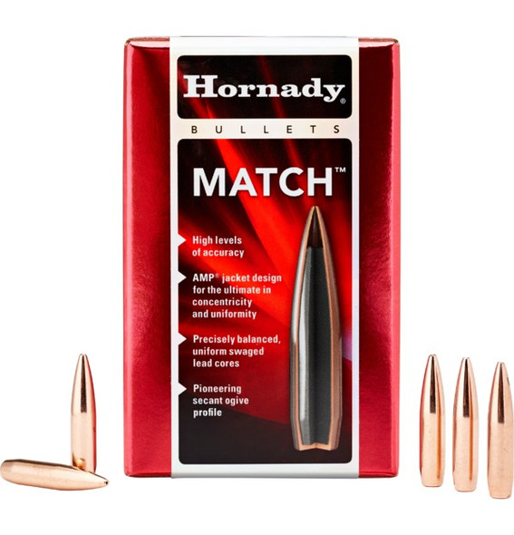 Box of Hornady Match Bullets, 6.5mm Caliber, .264 Diameter, 140 Grain BTHP (Boat Tail Hollow Point), model number 26335, containing 100 bullets. The box is presented in vibrant red with a clear viewing window that showcases the precision-engineered, silver-colored bullets. Detailed product features are listed on the packaging, emphasizing high levels of accuracy, AMP jacket design for uniformity, precisely balanced cores, and a pioneering secant ogive profile. This packaging effectively highlights the bullets' advanced capabilities for competitive shooting and precision targeting.