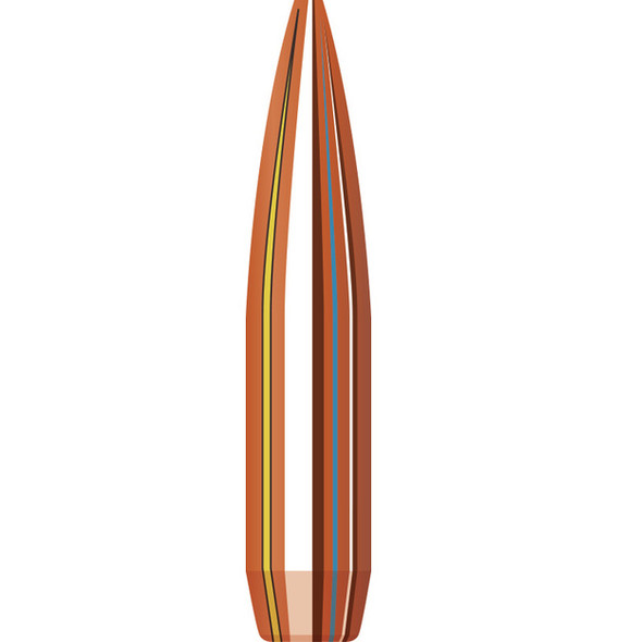 Hornady Bullets, 6.5mm Caliber, .264 Diameter, 140 Grain BTHP (Boat Tail Hollow Point) Match, model number 26335, sold in quantities of 100. The image presents a detailed cross-section of the bullet, displaying its internal composition and layered structure, emphasizing the precise engineering for maximum accuracy. The bullet's design features a tapered boat tail and a hollow point, illustrated in vibrant colors to highlight its aerodynamic shape and ballistic efficiency.