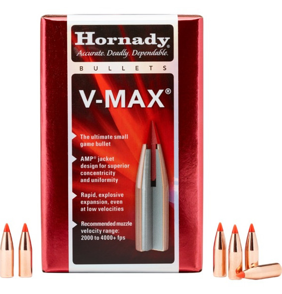Hornady Bullets, 22 Caliber, .224 Diameter, 40 Grain V-Max, model number 22241, packaged in quantities of 100. This high-performance bullet is designed for precision and maximum terminal effect. The unique feature of the V-Max bullet is its polymer tip which enhances aerodynamics for flat trajectories and promotes rapid expansion upon impact, ideal for varmint hunting. The image intended to display these details encountered an error, but typically it would show the sleek design and advanced engineering of the bullets.