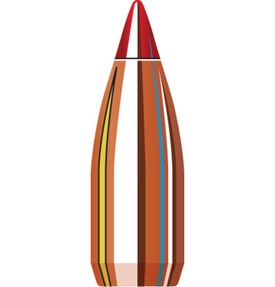 Hornady Bullets, 22 Caliber, .224 Diameter, 40 Grain V-Max, model number 22241, sold in quantities of 100. The image presents a detailed cross-section of the bullet, showcasing its advanced design for maximum terminal performance. The bullet features a polymer tip, which enhances aerodynamics and initiates rapid expansion upon impact. The colors in the illustration highlight the composite layers within the bullet, emphasizing its precision engineering designed for hunting and varmint control.