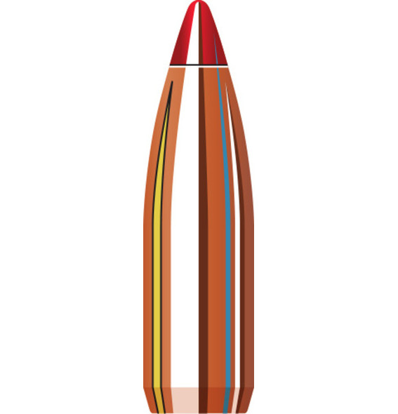 Hornady Bullets, 22 Caliber, .224 Diameter, 53 Grain V-Max, model number 22265, sold in quantities of 100. The image presents a detailed cross-section of the bullet, showcasing its advanced design for maximum terminal performance. The bullet features a polymer tip, which enhances aerodynamics for flat trajectories and promotes rapid expansion upon impact. The illustration highlights the bullet's layered structure in vibrant colors, emphasizing its precision engineering designed for hunting and varmint control.