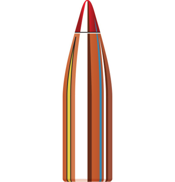 Hornady Bullets, 22 Caliber, .224 Diameter, 55 Grain V-Max, model number 22271, sold in quantities of 100. The image presents a detailed cross-section of the bullet, showcasing its advanced design for maximum terminal performance. The bullet features a polymer tip, which enhances aerodynamics for flat trajectories and promotes rapid expansion upon impact. The illustration highlights the bullet's layered structure in vibrant colors, emphasizing its precision engineering designed for hunting and varmint control.