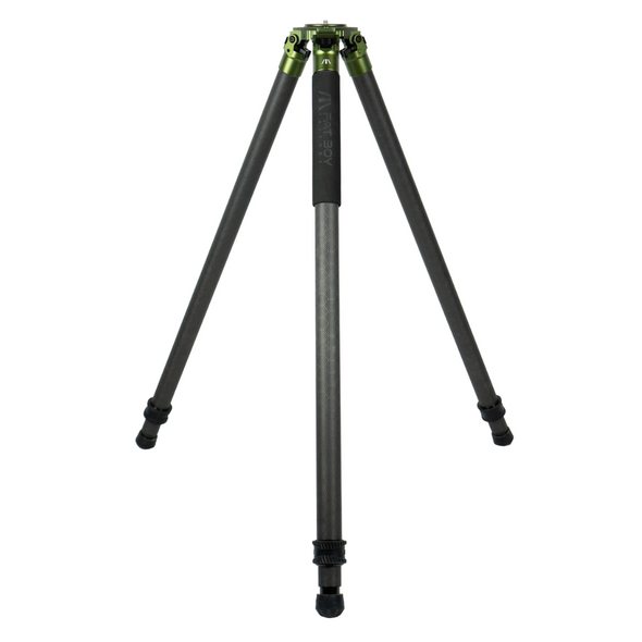 The FatBoy Traverse Tripod, with a sturdy two-section design. This professional-grade tripod features black carbon fiber legs with non-slip rubber feet and a prominent green adjustment ring near the top. The tripod's construction focuses on stability for heavy equipment use, shown from a front-facing angle against a white background to highlight its structure and build quality.