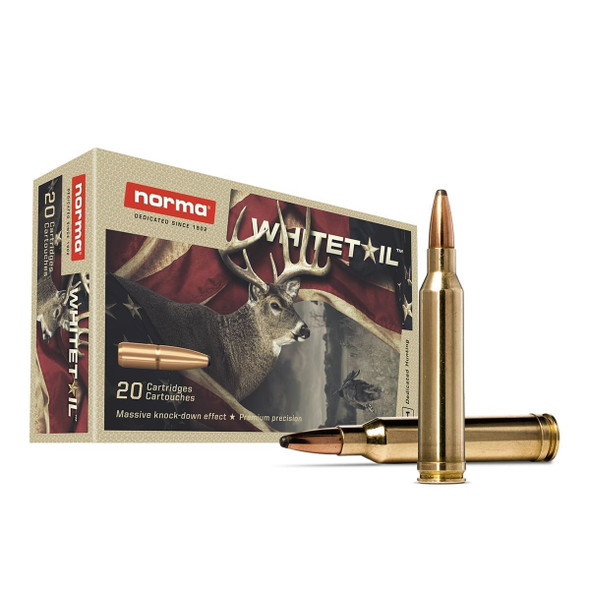 The image displays a box of Norma WHITETAIL ammunition for a 7mm Remington Magnum rifle, with each round containing a 150 grain Pointed Soft Point (PSP) bullet. This type of ammunition is typically used for deer hunting, as suggested by the "WHITETAIL" branding, which references a popular game animal. The PSP bullet design is known for its accuracy and controlled expansion, making it effective for ensuring clean, ethical shots. The packaging is prominently branded with the Norma logo and features a graphic of a whitetail deer, emphasizing the intended use and effectiveness of this ammo in hunting scenarios.