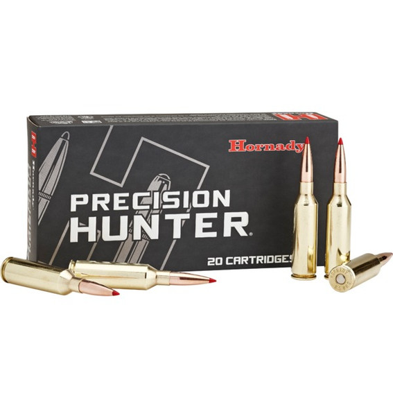 Box of Hornady Precision Hunter 6.5 PRC 143 Gr ELD-X ammunition. The packaging is predominantly black with white and red text, featuring a graphical design of abstract geometric shapes and the Hornady logo. The box contains 20 cartridges, shown with brass casings and distinctive red-tipped bullets, designed for superior long-range performance and accuracy. The packaging emphasizes the ammunition's precision and hunting capabilities.